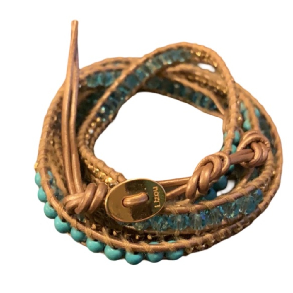 Lizou Blue Turquoise & Swarvoski Crystal Beaded Brown Leather Wrap Bracelet